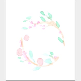 wreath, plants, round, nature, flowers, berries, watercolor, illustration, hand drawn, color, design Posters and Art